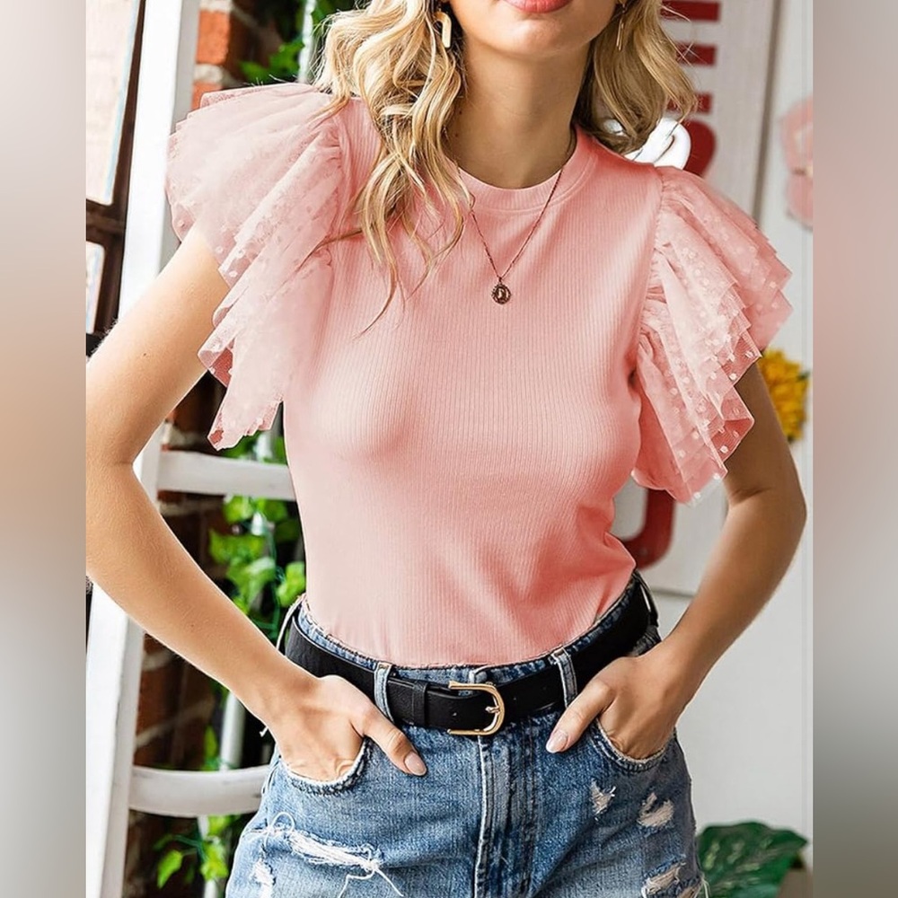 XL Ribbed Knit Top Sheer Mesh Ruffled Sleeves Casual Slim Fitted Crew Neck Top